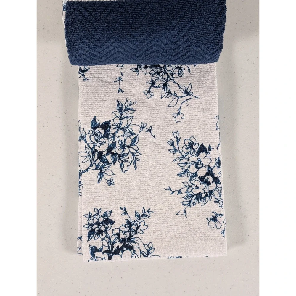 Lauren Ralph Lauren Kitchen Towels Set of 3 Blue Floral Stripe Indigo Cotton NWT